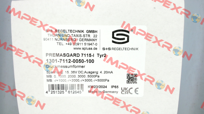 P/N: 1301-7112-0050-100, Type: 7115- I - (Q) S+S REGELTECHNIK