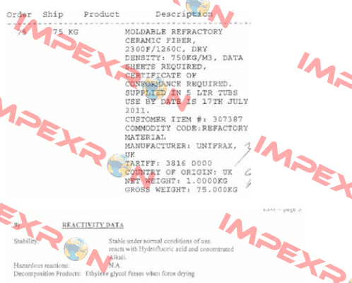 CA FIBERFRAX MOULDABLE 120 Unifrax